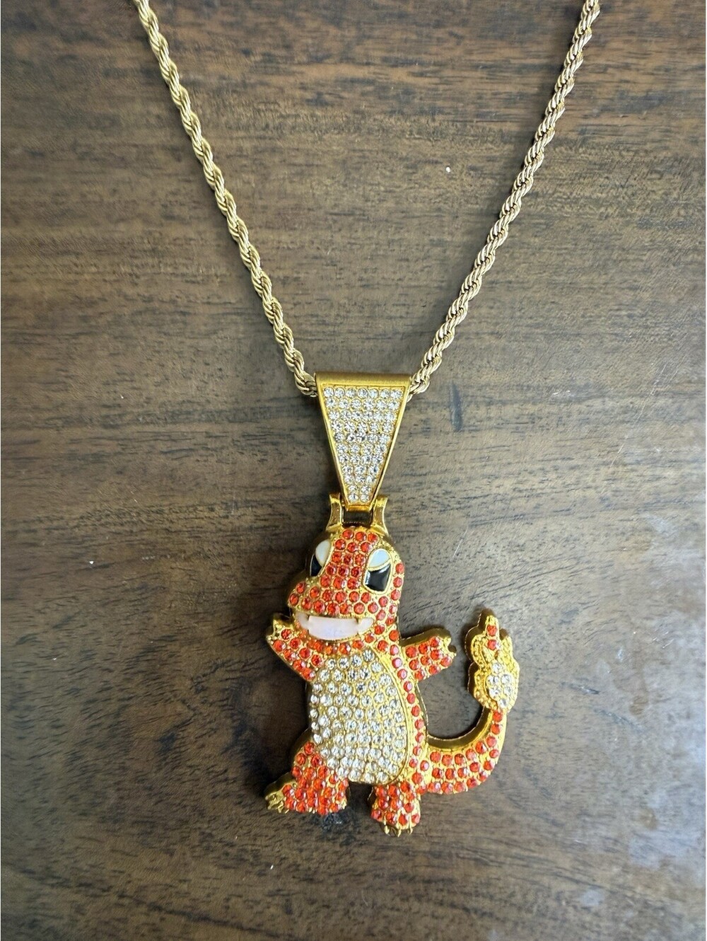 Pokemon Charmander Iced Out Pendant Gold Tone Rope Chain Necklace CZ